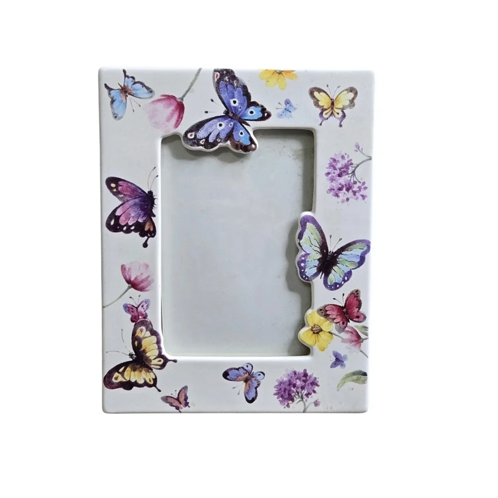 Butterfly Ceramic White Floral 3D Detail Tabletop Picture Frame